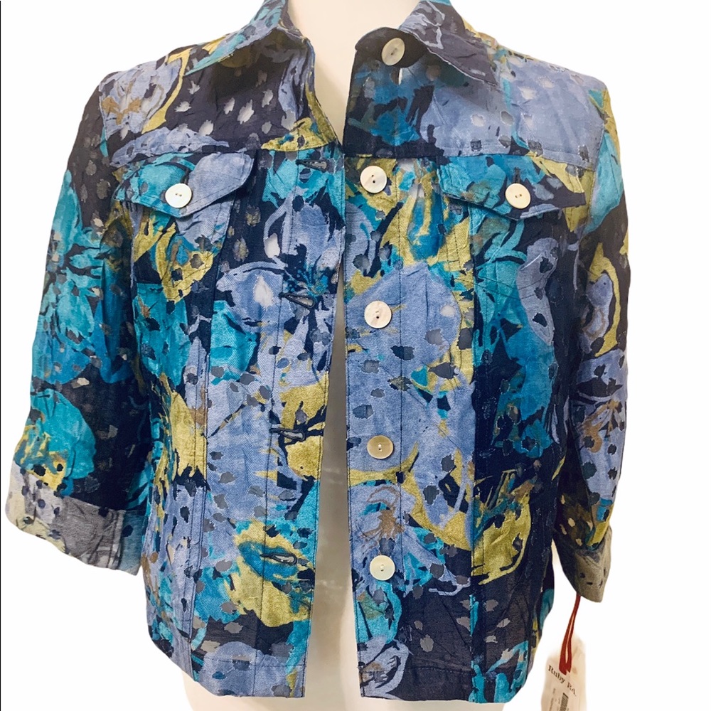 Ruby Rd Petite Burnout Flower Band Jacket Blue and Gold Sz 6P